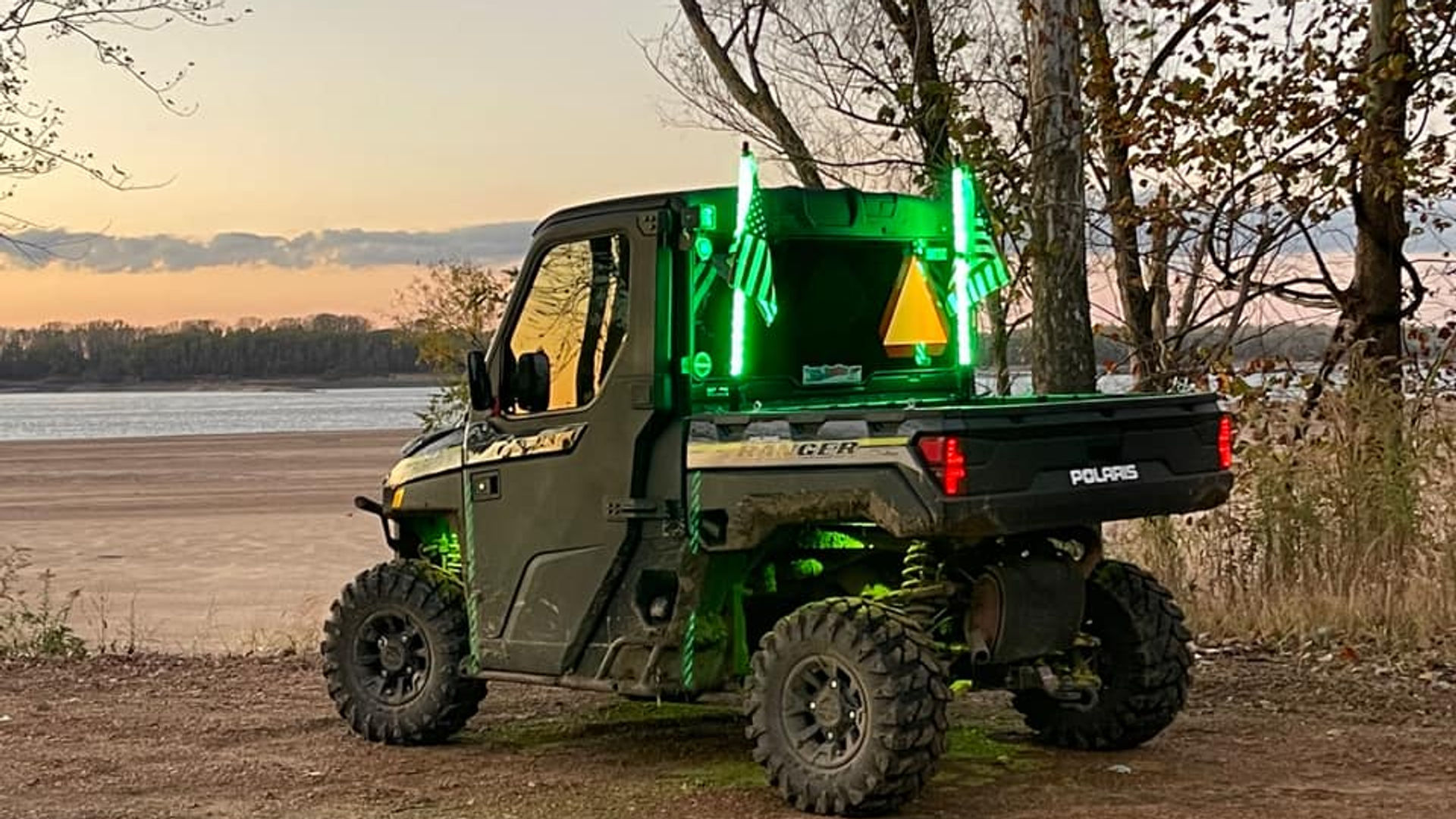 Polaris Ranger with LED lights at sunset